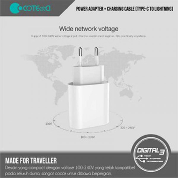 COTEetCI CS5193-U quick charger USB Type-C - PD 20W - w. Cable for iPhone and smart phones
