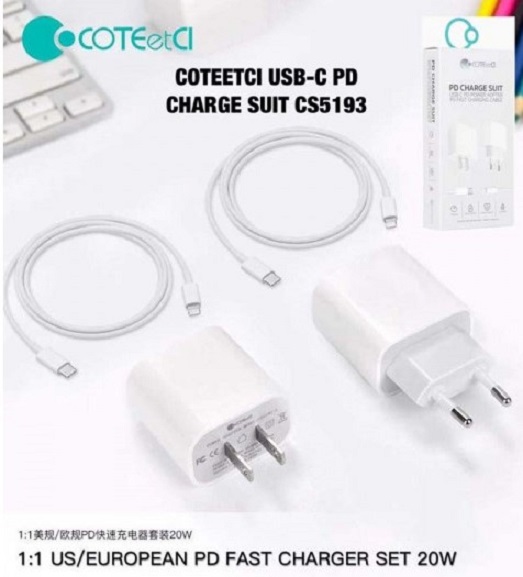 COTEetCI CS5193-U quick charger USB Type-C - PD 20W - w. Cable for iPhone and smart phones