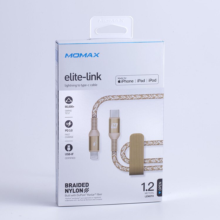 Momax Elite Link DL31L USB C to Lightning Nylon-Braided Fast Charging Cable - 1.2M - Gold