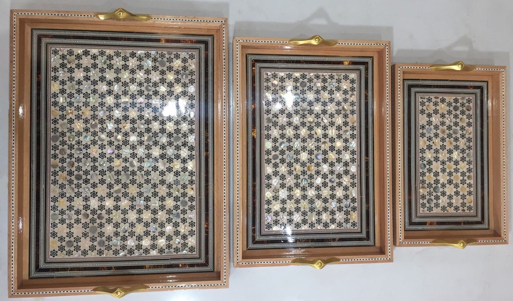 Serving Tray - Solid Wood & Seashell - 3 Pieces - Rectangle