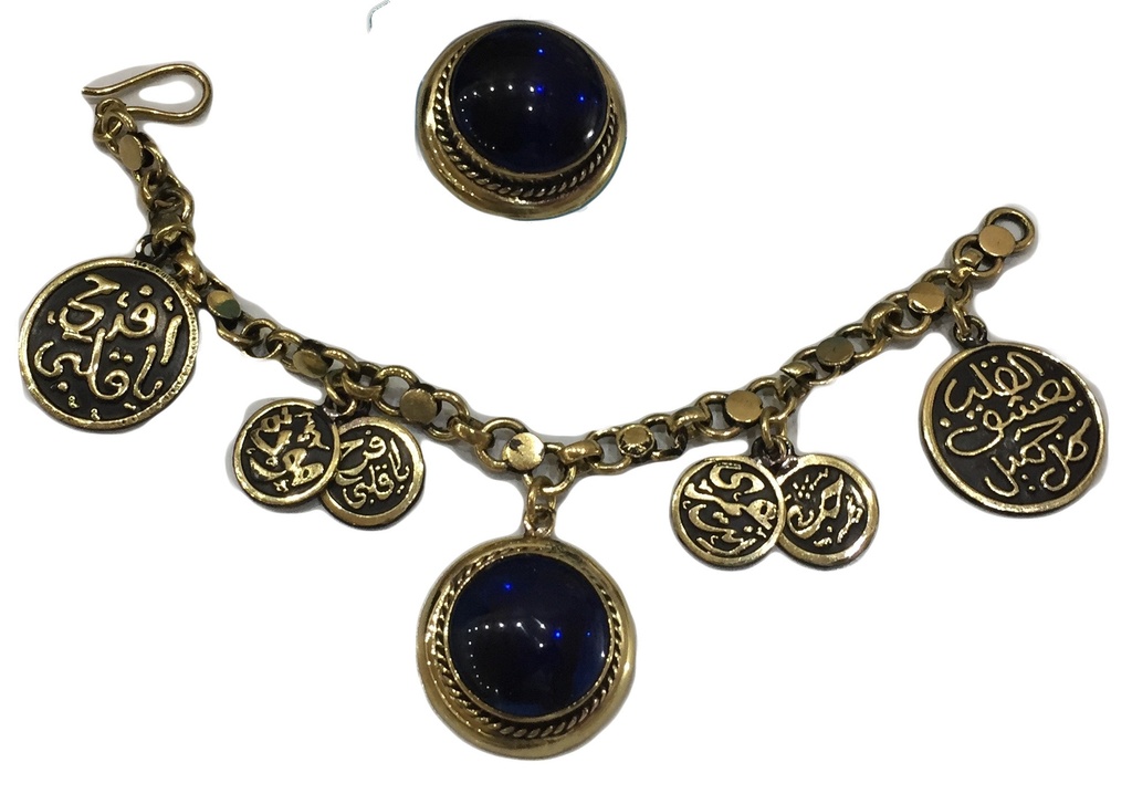 Bracelet And Ring Copper With Blue Agate Stone