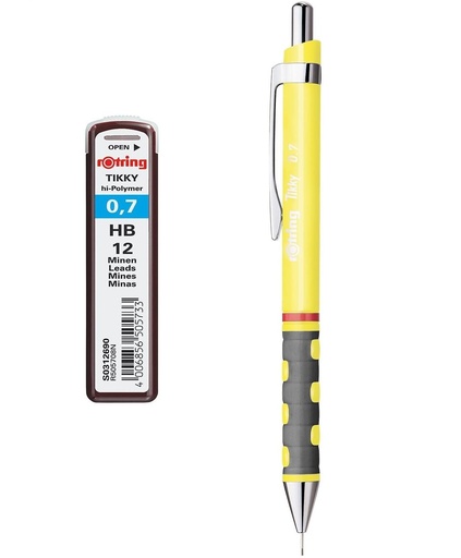 [Penc-Rotr-7Ye+HB] Tikky Mechanical Pencil With Eraser - 0.7 Mm - Neon Yellow - Leads 0.7 Mm HB