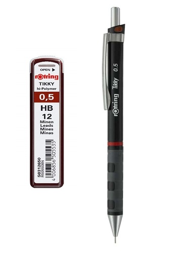 [Penc-Rotr-5Bl+HB] Tikky Mechanical Pencil With Eraser - 0.5 mm - Black - Leads 0.5 Mm HB