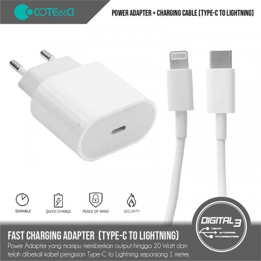 [CotCI-CS5193U] COTEetCI CS5193-U quick charger USB Type-C - PD 20W - w. Cable for iPhone and smart phones