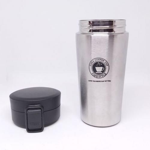 [Mug-Insu21-Tomo-Sil] Travel Thermal Mug 380 ML Insulated Stainless Steel Safety Button - Silver