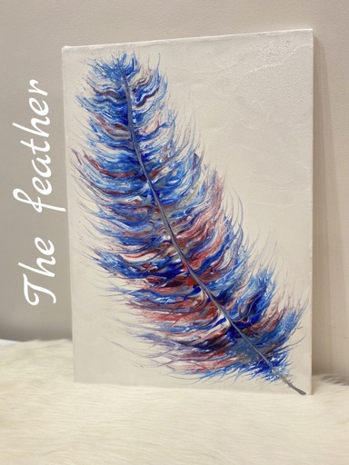 [Tblu-4-1] THE FEATHER , handmade acrylic on canvas tableau 35x50 cm for home decoration for living room, bedroom, entrance, console, sideboard or coffee corner (red ,blue and gray)